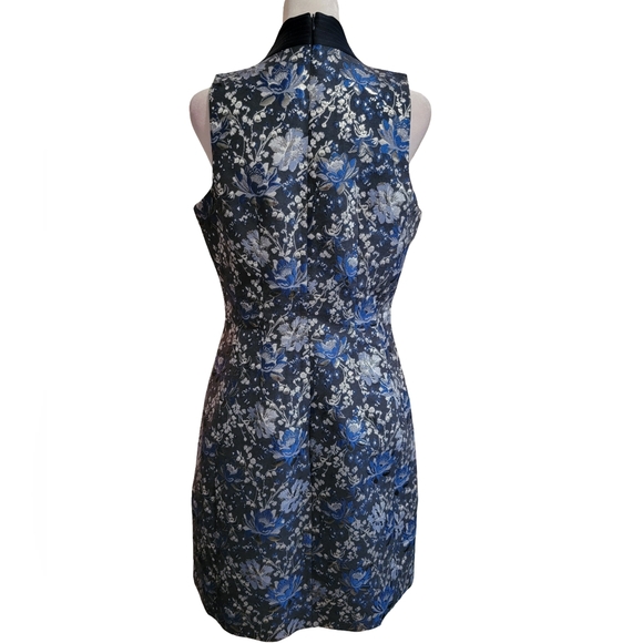 Badgley Mischka Size 8 Navy Blue Silver Floral Sheath Kurstin Dress w/ Pockets - Picture 5 of 12